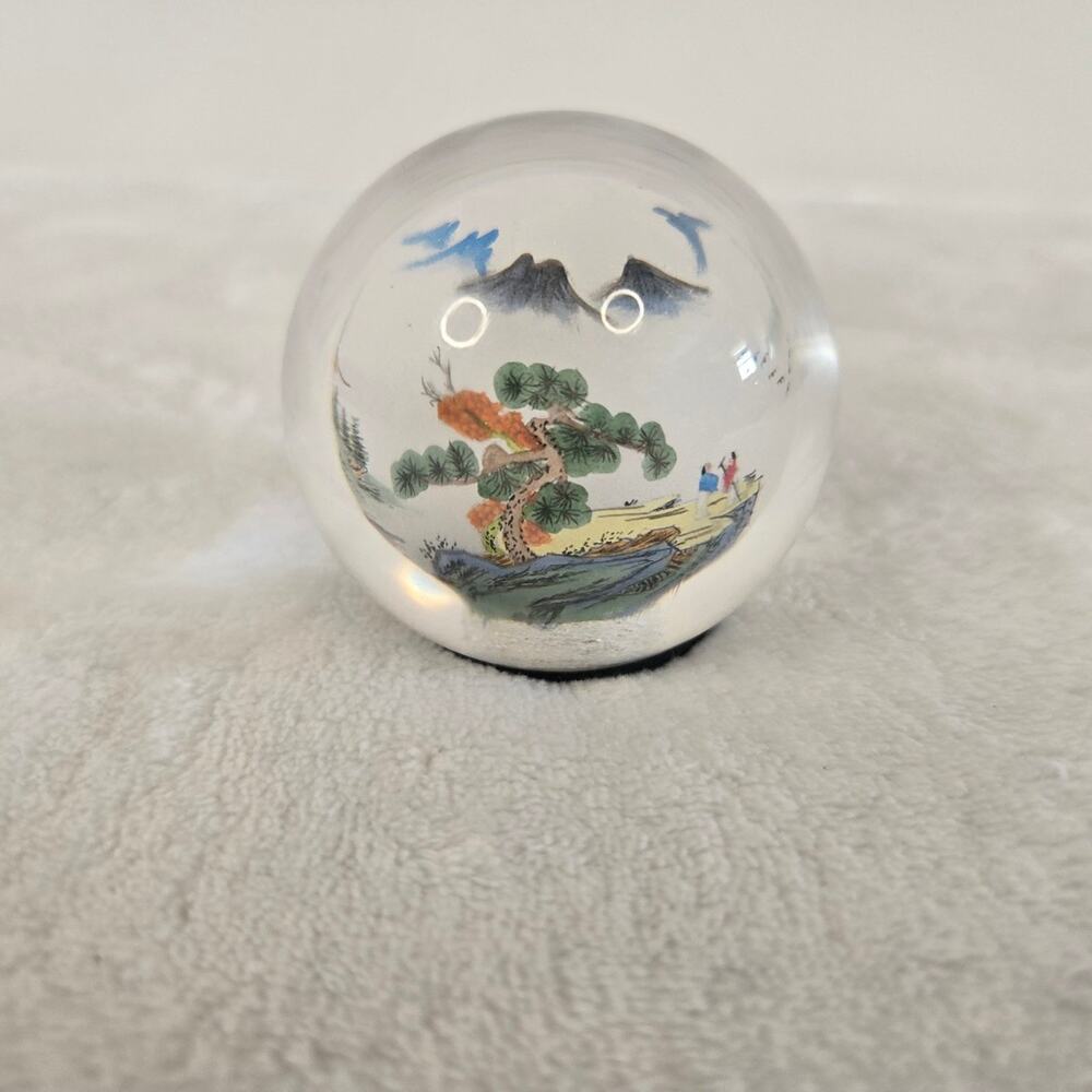 Vintage Chinese Reverse Painted Glass Paperweight Mountain & River Scene